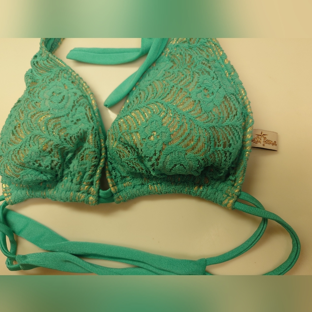 Flaw NWT Gold & Green LULI FAMA Crochet Halter Top DD Tie-Side Bikini SwimSuit M - Picture 14 of 15
